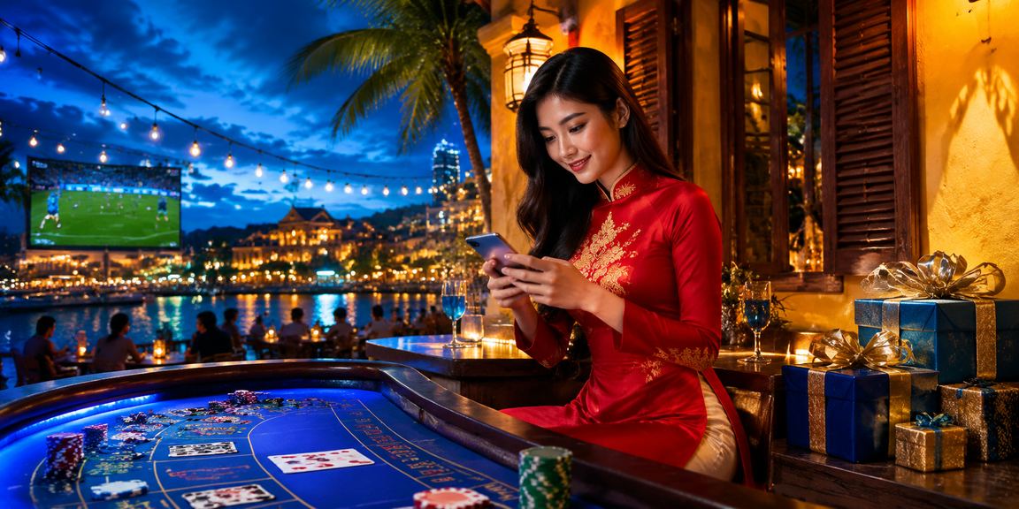 Người chơi trong trang phục áo dài tại Hội An tham gia bàn baccarat trực tuyến